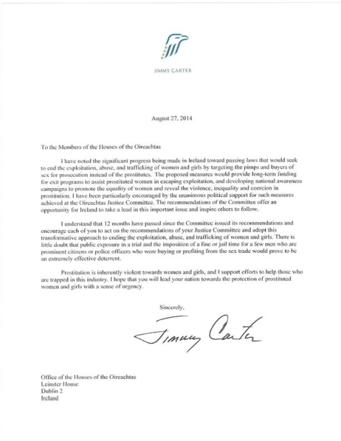 lettre jimmy carter to irish parliament sept 2014